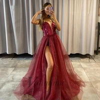 a line evening dresses red tulle ball gown high side slit special occasion robes de soir%c3%a9e deep v neck sparkly sequins party
