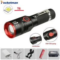 portable mini t6 led flashlight usb rechargeable waterproof torch telescopic zoomable light use 18650 battery outdoor camping