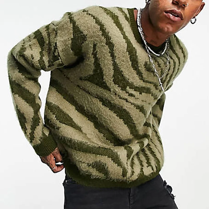 

Fashion Zebra Sweaters Men 2022 Autumn Trend Loose Crew Neck Long Sleeve Wool Jumper Tops For Mens Winter Leisure Knit Sweater