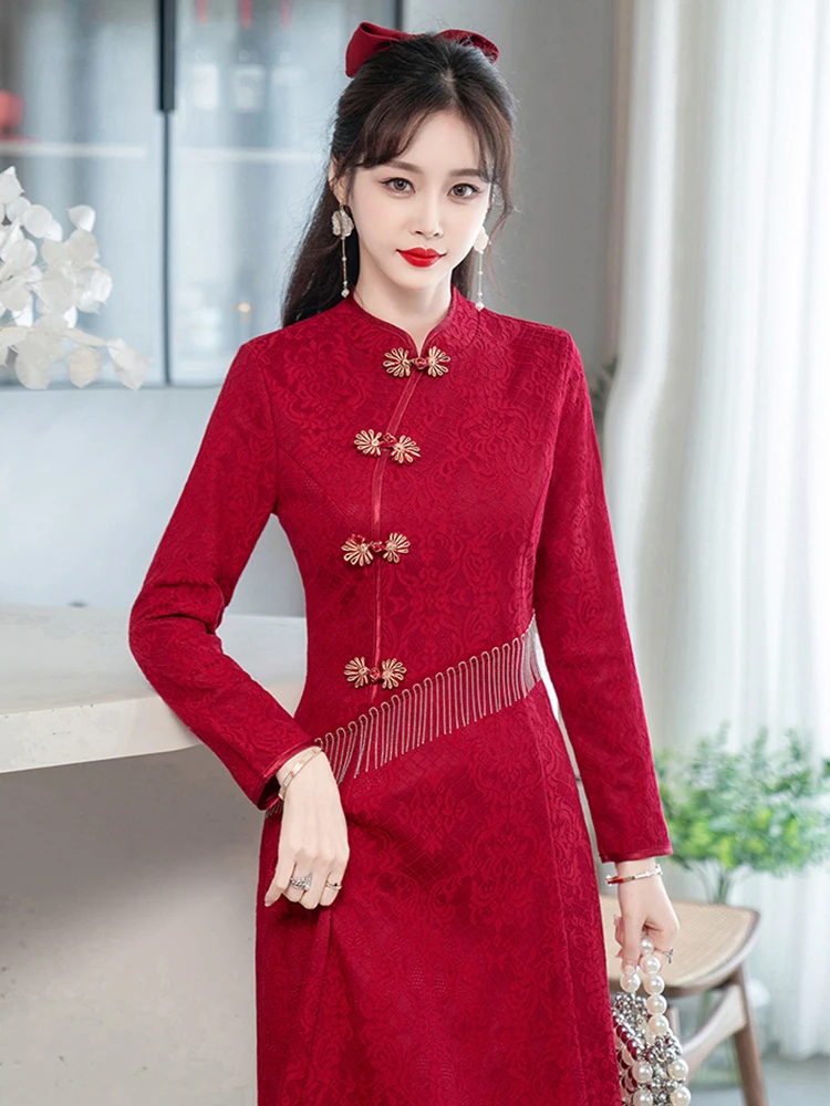 Новое китайское улучшенное красное платье Sle женское раннее осеннее официальное
