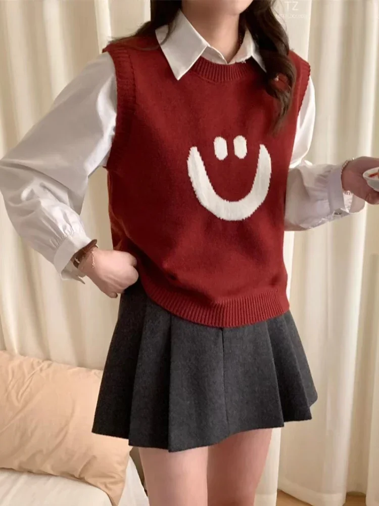 Вязаные жилеты со смайликом и круглым вырезом для женщин осень 2022 новый