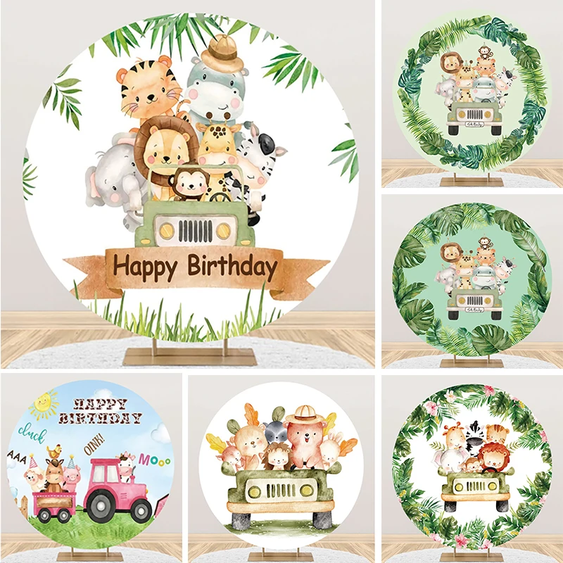 

Jungle Safari Animals Oh Baby Round Backdrop Zoo Animals Drive Cars Birthday Party Decorations for Baby Shower Circle Background