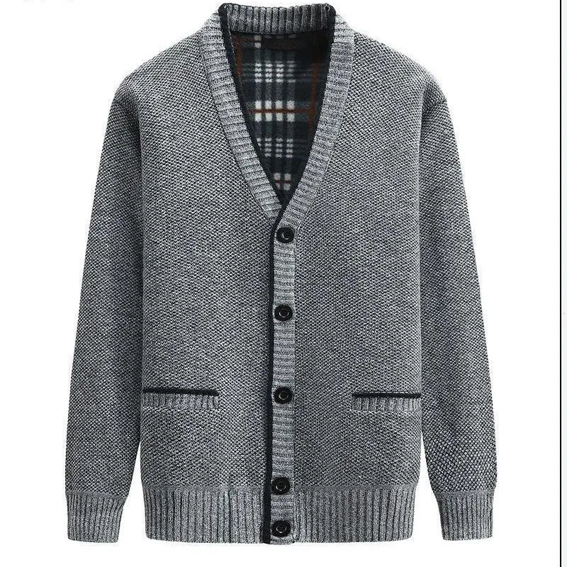 Non Pilling Winter Style Middle Aged Elderly Male V-neck Single Breasted Solid Colour Sweaters Cardigan Business Casual Pockets