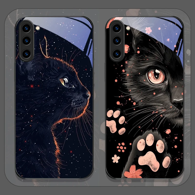 Фото Чехол для телефона из закаленного стекла Black Personality Cool Cat для Samsung Galaxy S25 Ultra S24 S23 Plus S22 S21 S20 FE M53 M55, задняя крышка №1