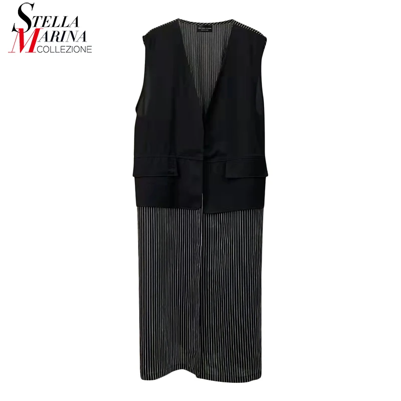 

Новая летняя длинная куртка без рукавов в Корейском стиле с черными полосками в стиле пэчворк прямая куртка с v-образным вырезом для девочек...