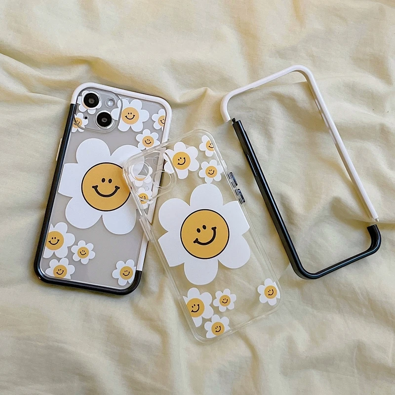 

Korea Cute Cartoon Smiley Sun Flower Phone Case For iPhone 13 12 11 Pro Xs Max X Xr Coque Cute Shockproof Transparent Cover