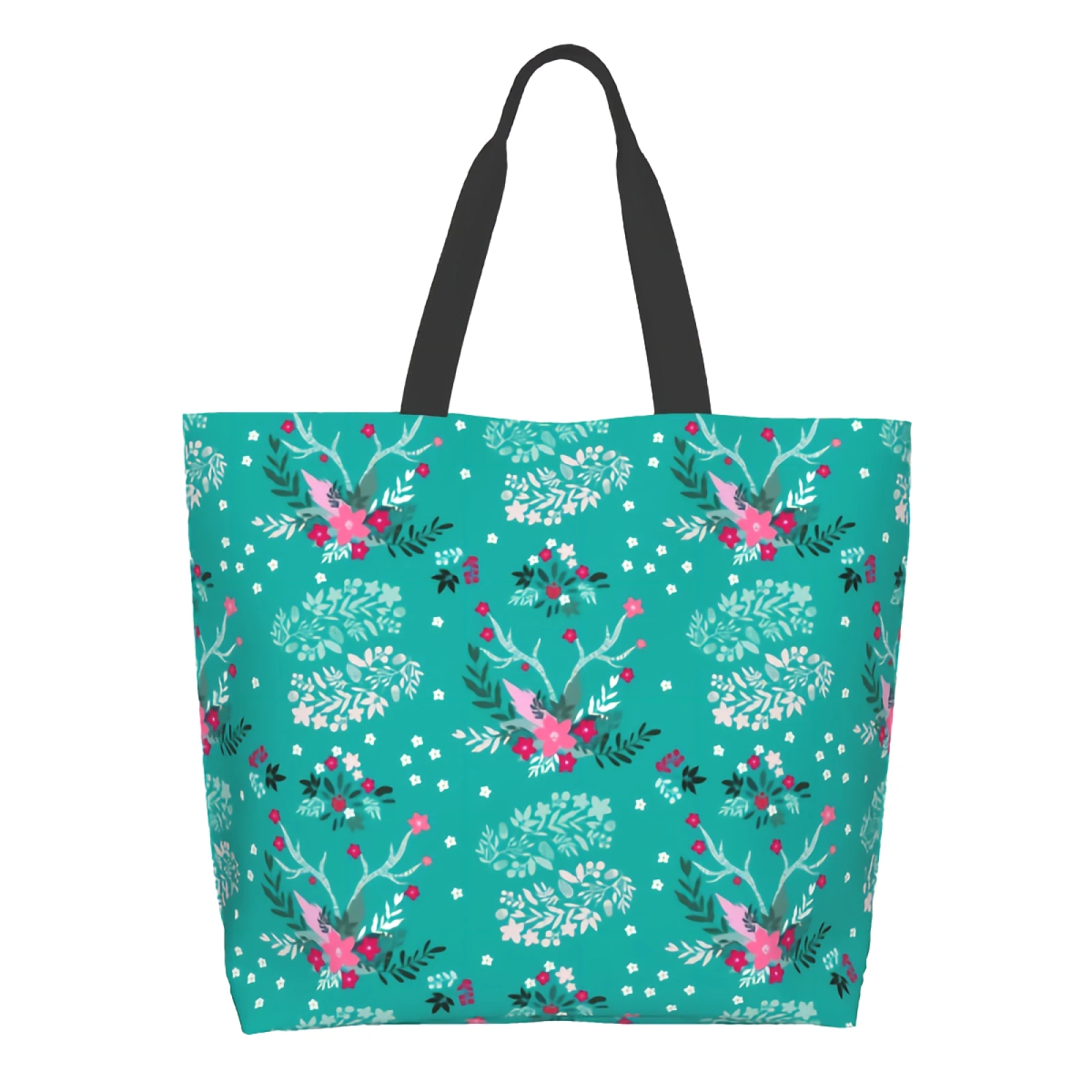 

Merry Christmas Deer Flowers Canvas Tote Bag for Women Weekend Kitchen Reusable Grocery Bags Bulk Large Casual Shopping
