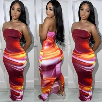 Echoine Tie Dye Print Strapless Skinny Long Dress Women Bodycon Sexy Party Evening Dresses Streetwear Vintage Vestidos Summer 1