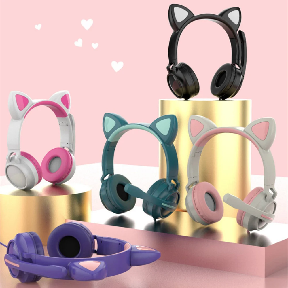 

ZW-058 Over-head RGB LED Gaming Headset For PC Cute Cat Ear Wired Earphones USB With Microphone Colourful Light Gaming Headsets