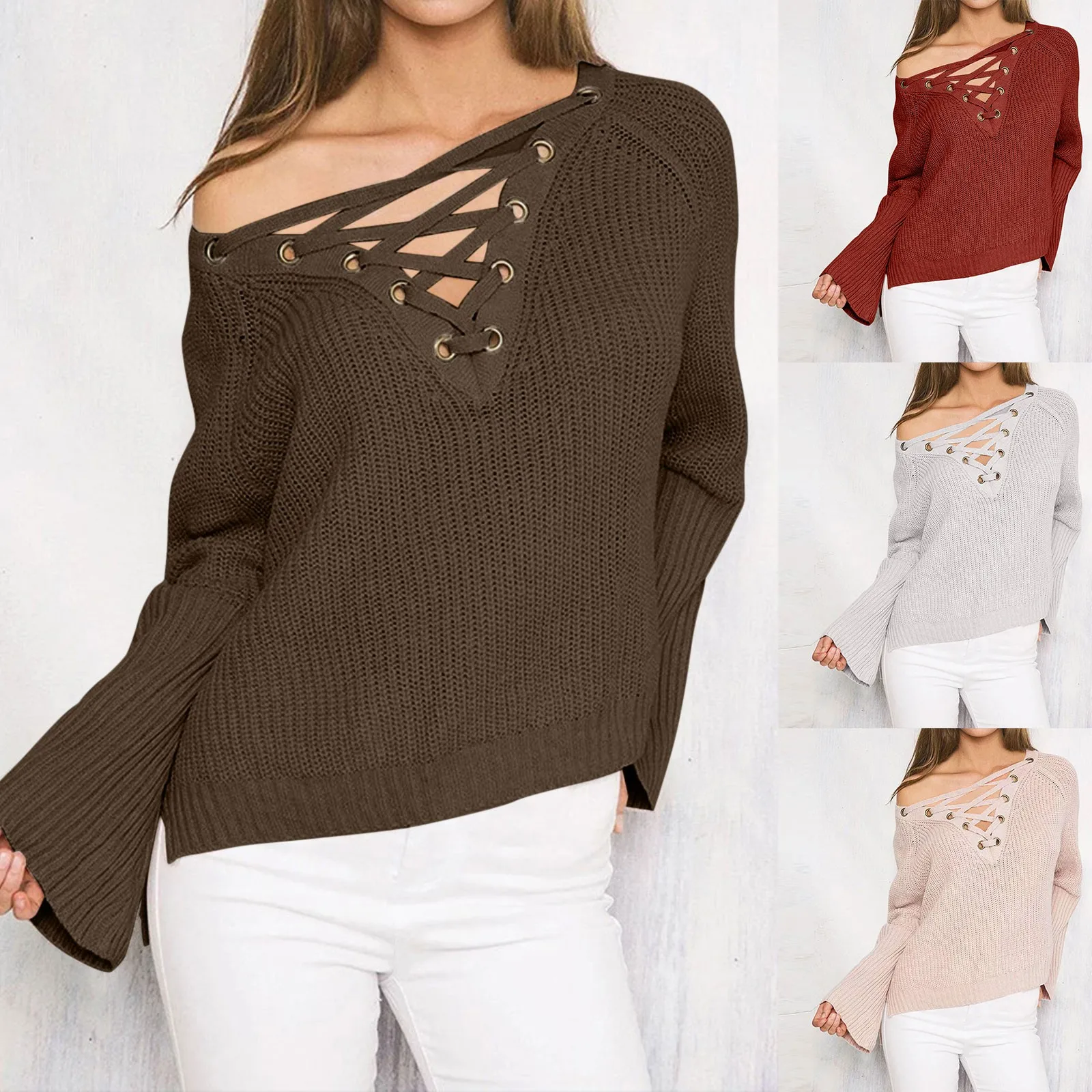 

Пикантный пуловер в стиле Харадзюку со шнуровкой и воротником, зимние и осенние свободные вязаные свитеры с расклешенными рукавами в Корейском стиле, элегантная женская уличная одежда, теплая футболка