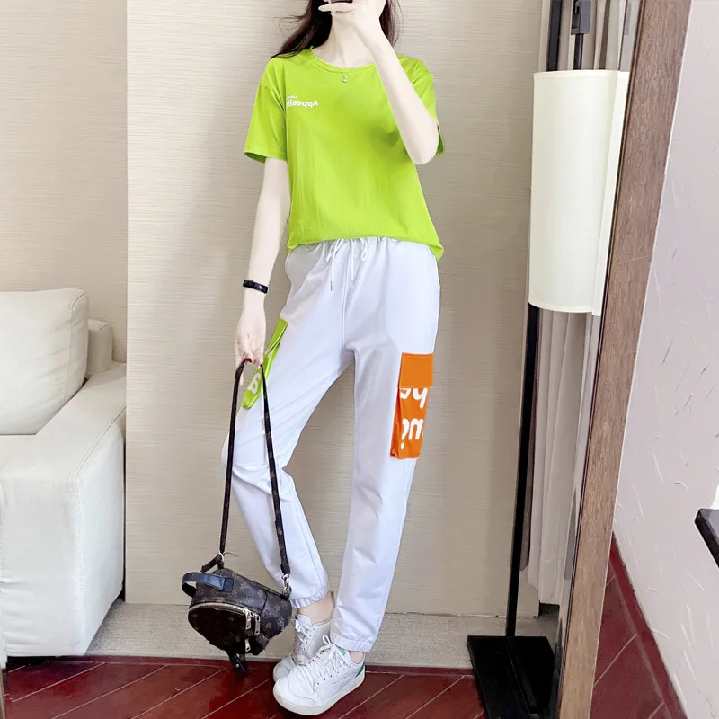 

Casual Sportswear Suit Female T Shirt Long Pant Green Summer 2022 Korean Age-reducing Fashion Hip-hop Y2k Harajuku Two-piece