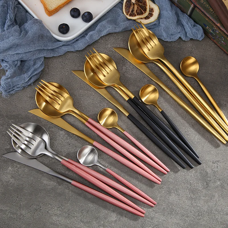

Black Gold Cutlery Set Steak Knife Fork Coffee Spoon Teaspoon Dessert Knife Ice Spoon Pink Gold Stainless Steel Dinnerware Set