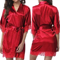 women bathrobe nightgown solid color belt cardigan lace lady pajamas for spring