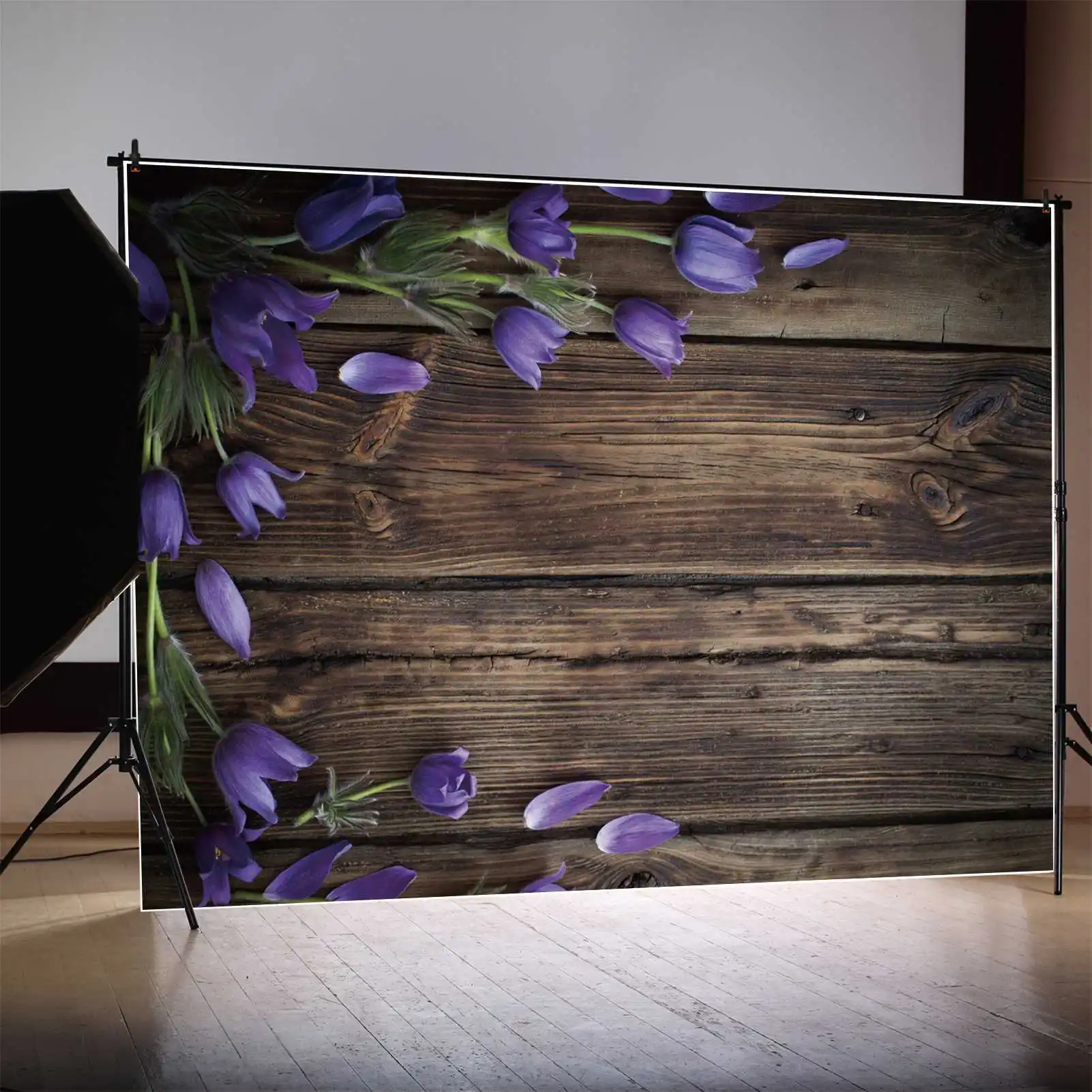 

Dark Brown Wooden Board Tulip Flowers Backdrops Photography Spring Purple Floral Custom Kids Photobooth Photo Backgrounds
