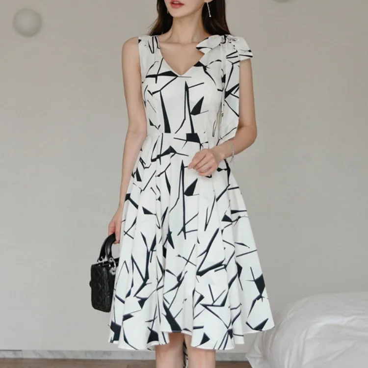 

Woman Vintage Geometric Print Irregular Dress 2022 New Summer Elegant Fashion Bow Sleeveless Office OL Party Dresses