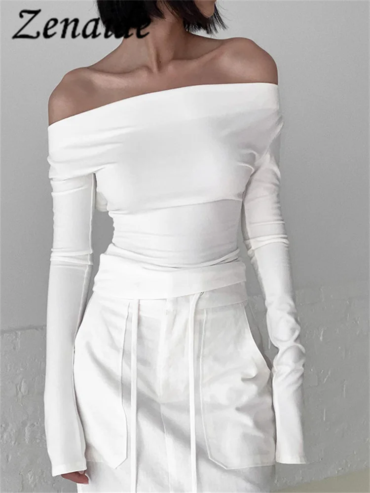 

Zenaide Swing Collar Off Shoulder Lace Up T Shirt Backless Women Falll Slim Sexy Basic Long Sleeve Crop Tops Black White 2023