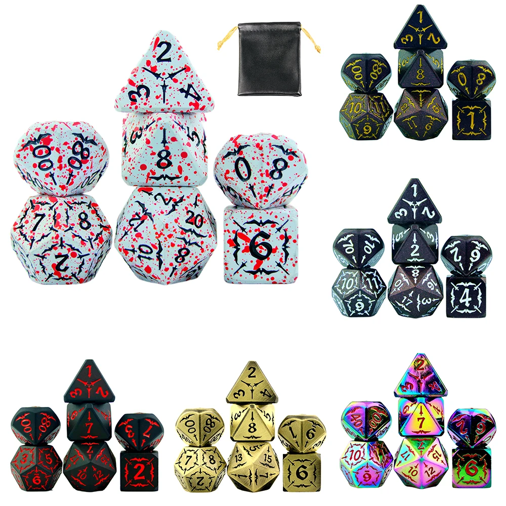 

DND Metal Dice Set 7 PCS - Splashing Blood Metal Polyhedral Dice with PU Leather Bag for RPG Gaming Halloween Party Game