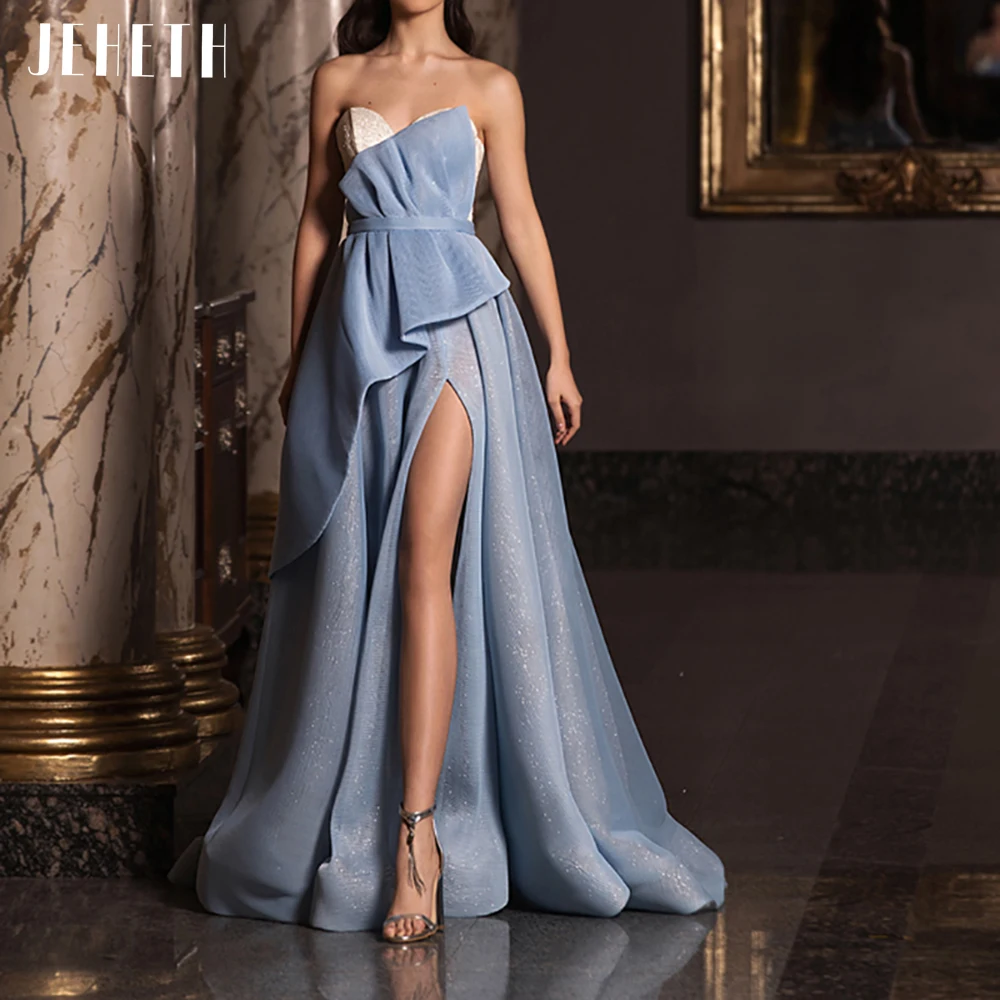 

JEHETH New Water Blue Strapless Sweetheart Evening Dresses For Party Elegant High Side Slit Backless Cocktail Formal Prom Dress
