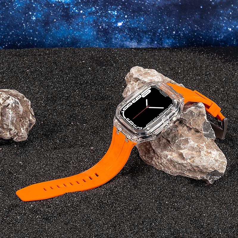 Luxury Transparent Plastic Mod AP Case Modification Kit Silicone Band For Apple Watch 8 7 6 5 4 SE Rubber Sports Strap 44mm 45mm