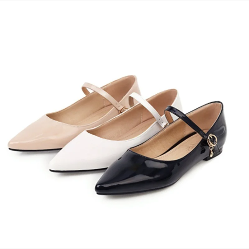

Women Leather Flats Null Moccasines Buckle Strap Point Toe Shoes Shiny Elegant Plus Size 48 Ballerine Femmes OL Hot New Feetwea