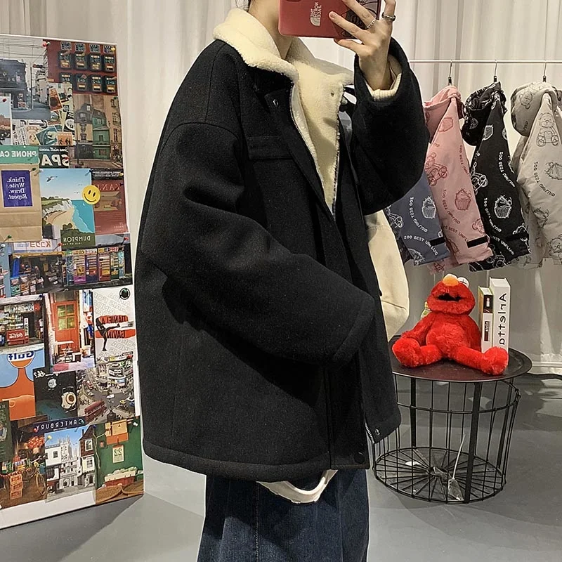 Winter Thick Woolen Coat Men Warm Fashion Oversized Short Woolen Coat Men Korean Loose Thickened Lamb Wool Jacket Mens Overcoat