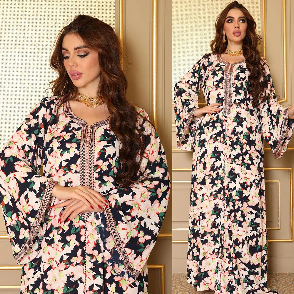Платье Caftan Jalabiya женское с цветочным принтом, арабское Вечернее Бальное Платье из Турции, марокканской, Дубая, абайя, мусульманская модель