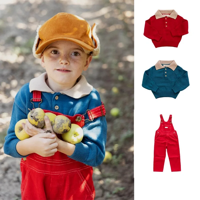 

In Stock 2022fin Spring Lapel Knit Pullover Children's Sweater Boys and Girls Red Denim Overalls