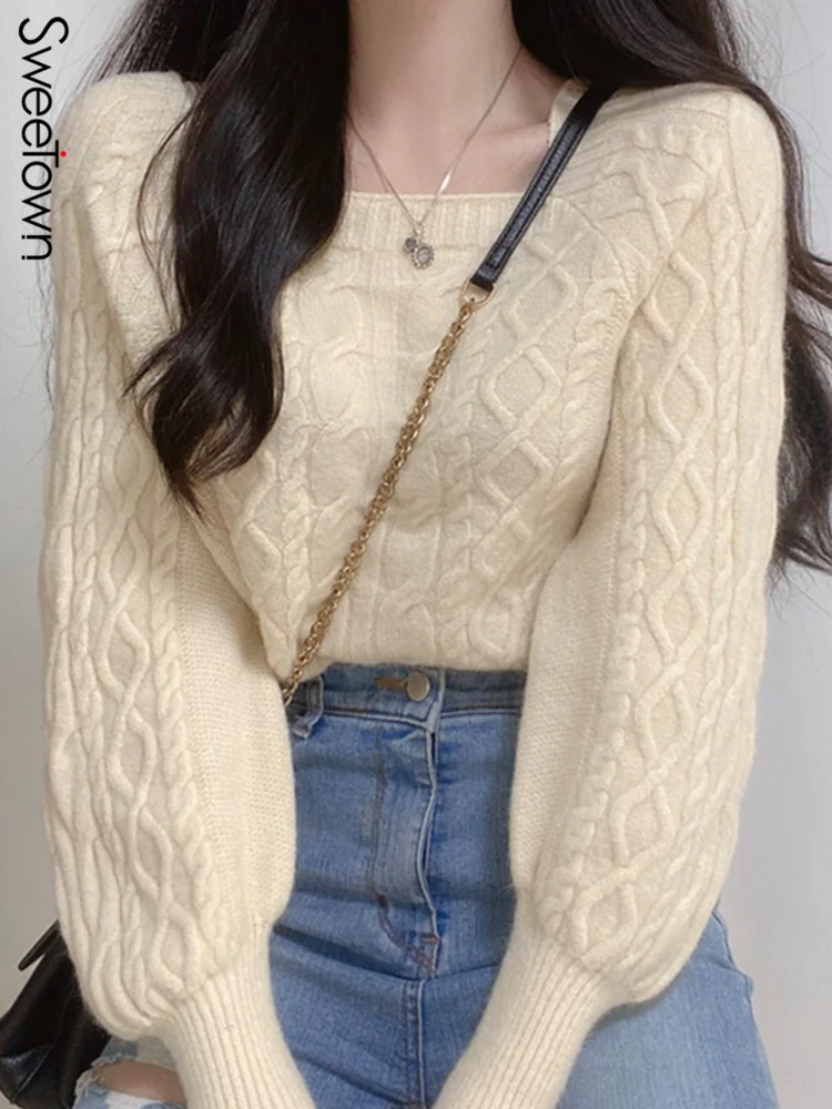 

Korean Fashion Solid Winter Sweaters For Women 2023 Twist Pattern Square Collar Puff Long Sleeve Elegant Knit Jumpers