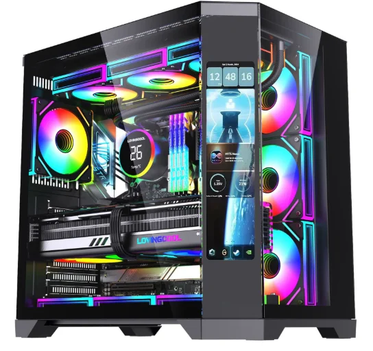 Фото Чехол для игрового ПК ATX из закаленного стекла с полной поддержкой башни, жидкостный охладитель 360, чехол для настольного компьютера с ЖК-экраном №4