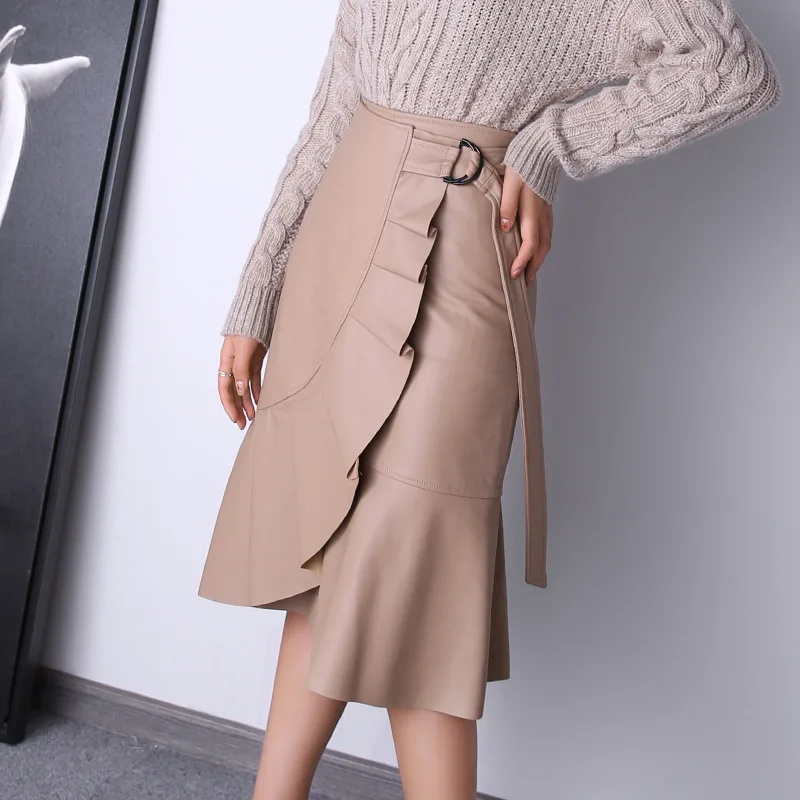 

2023 Spring And Autumn New Arrival Women Fashion High Waist Ruffle Asymmetric Genuine Sheepskin Leather Skirt