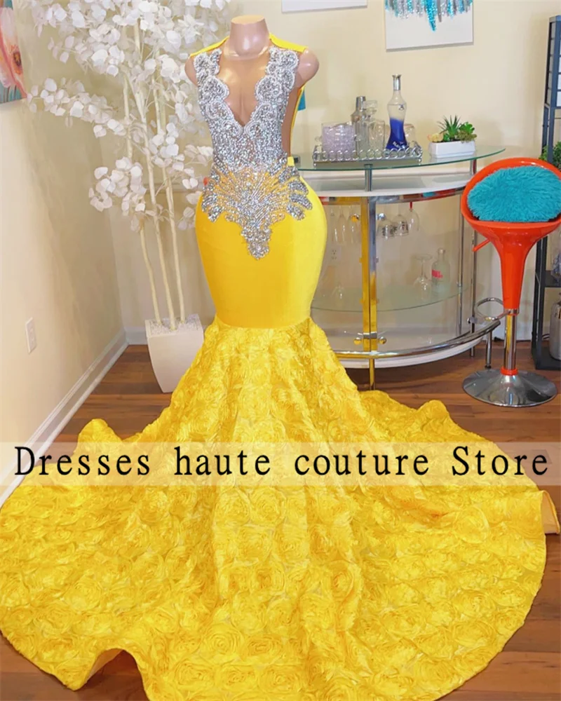 

Желтое прозрачное длинное платье-Русалка с вырезом на выпускной, 2023 для черных девушек, украшенное бисером, с 3D эффектом, длинное платье, деловые платья для вечеринок