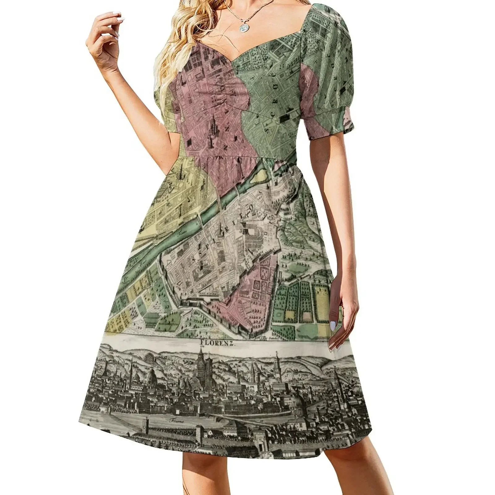Винтажная карта Флоренции Италия (1730) Платье с короткими рукавами летние платья
