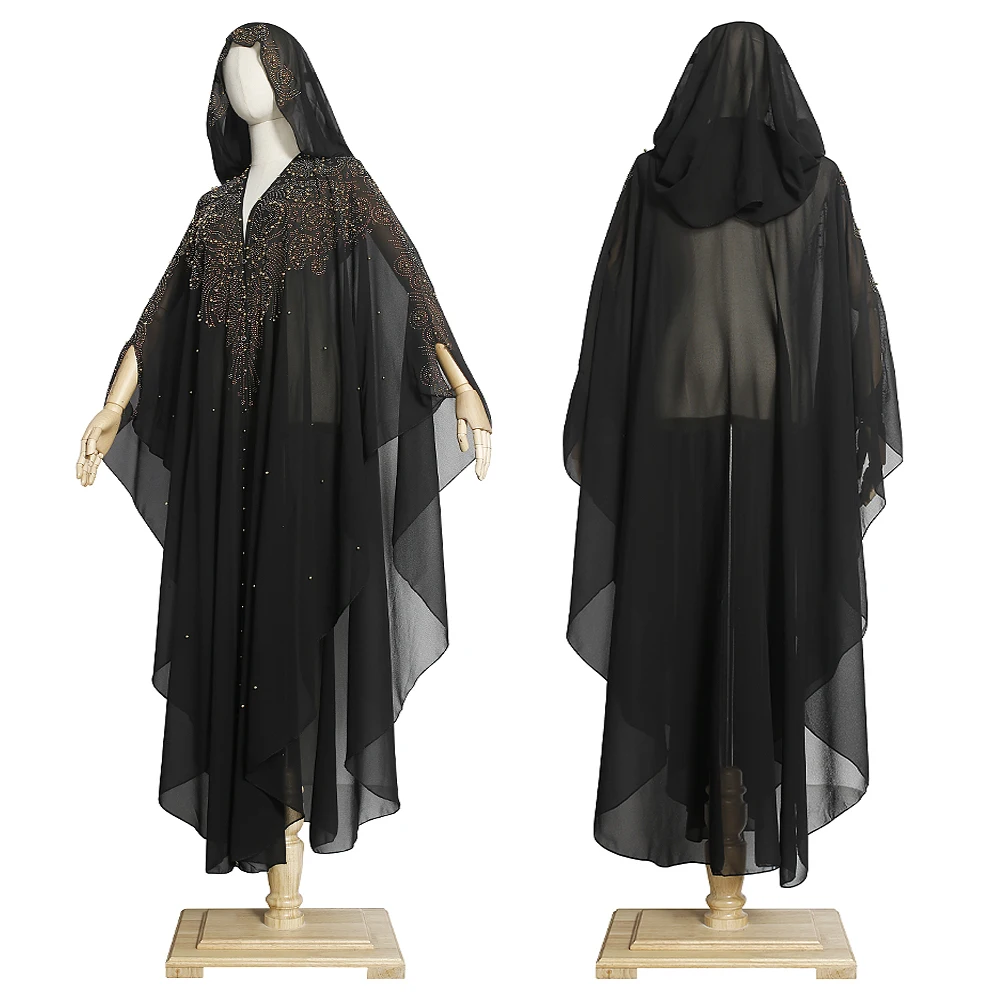 MD Muslim Kaftan Abaya Dress Kimono Women Dubai Open Abayas Turkish Stones Chiffon Hooded Dress Elegant African Big Loose Boubou