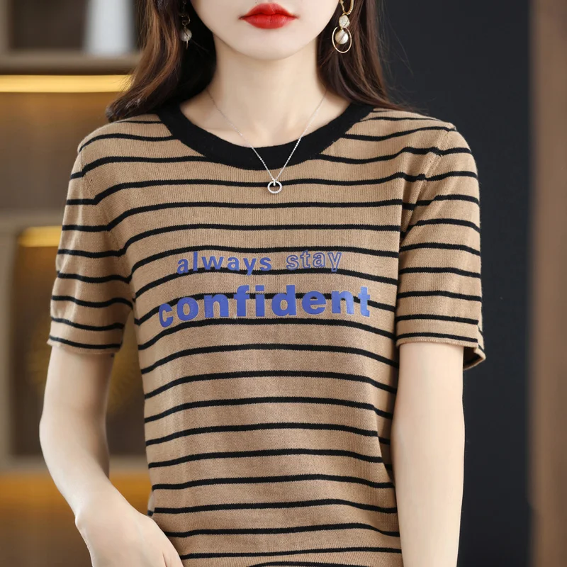 

Women's T-Shirt 2022 Summer New 100% Cotton Sweater Short Sleeve Casual Striped Knit Ladies Top Overside Tees Round Neck Blouse