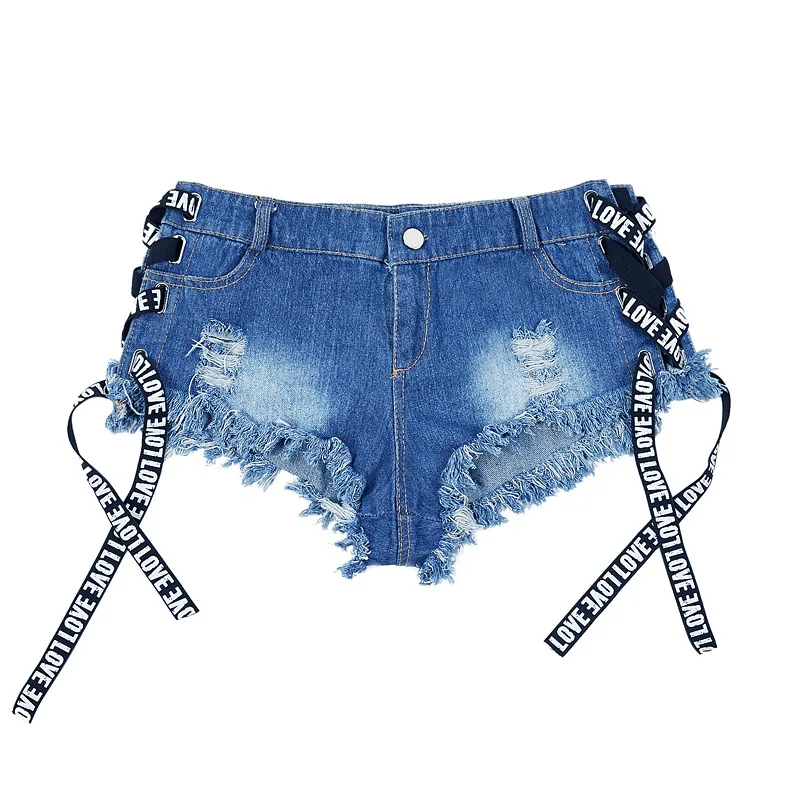 Summer Women's Denim Shorts High Waist Side Lace Up Tassel Hole sexy Mini Shorts Jeans Femme Nightclub Hotpants Streetwear