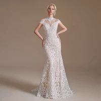 wedding dresses 2023 white pearl mermaid wedding dress sexy turtleneck lace embroidered tie back ladies robe party dresses
