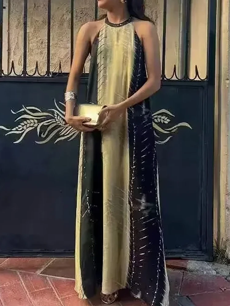 

Летние женские модные длинные платья в полоску в стиле пэчворк 2023 женское элегантное прямое платье без рукавов с круглым вырезом в праздничном стиле