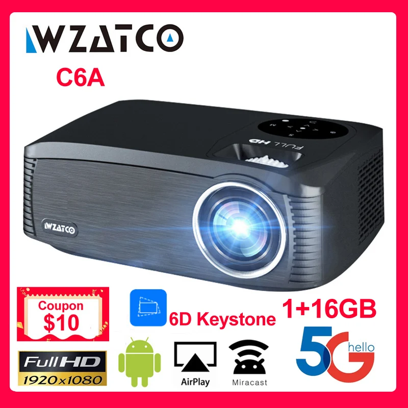 WZATCO C6A 300inch Android 9.0 WIFI 5G Full HD 1920*1080P LED Projector Video Proyector Home Theater Cinema Smart Phone Beamer