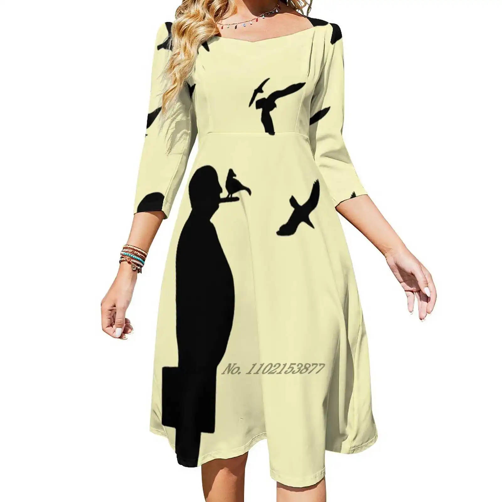 Свободное платье с карманами Альфред Хичкок и силуэтом птиц платья короткими