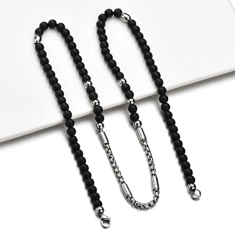 

6mm Black Beads Stainless Steel Necklace for Men Fashion Hip-hop Punk Style Beaded Strand Jewelry