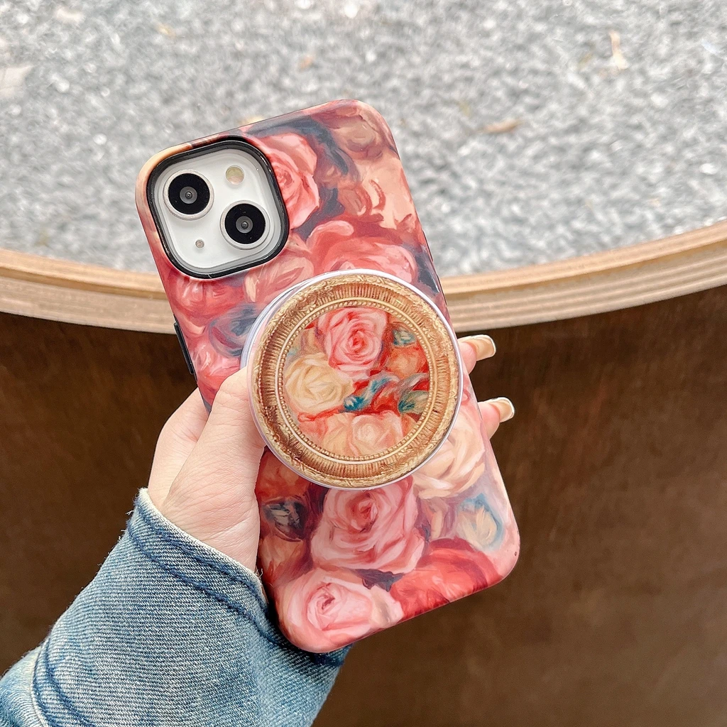 

Oil Painting Flowers 2in1 With Holder Cover Case For iPhone 15 14 13 12 11 Pro Max