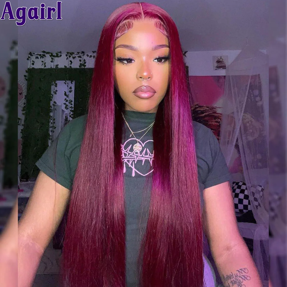 

Fuchsia Red Colored Straight Human Hair Wigs 30Inch Transparent 13X4 13x6 Lace Frontal Wigs PrePlucked Peruvian Virgin Hair Wigs