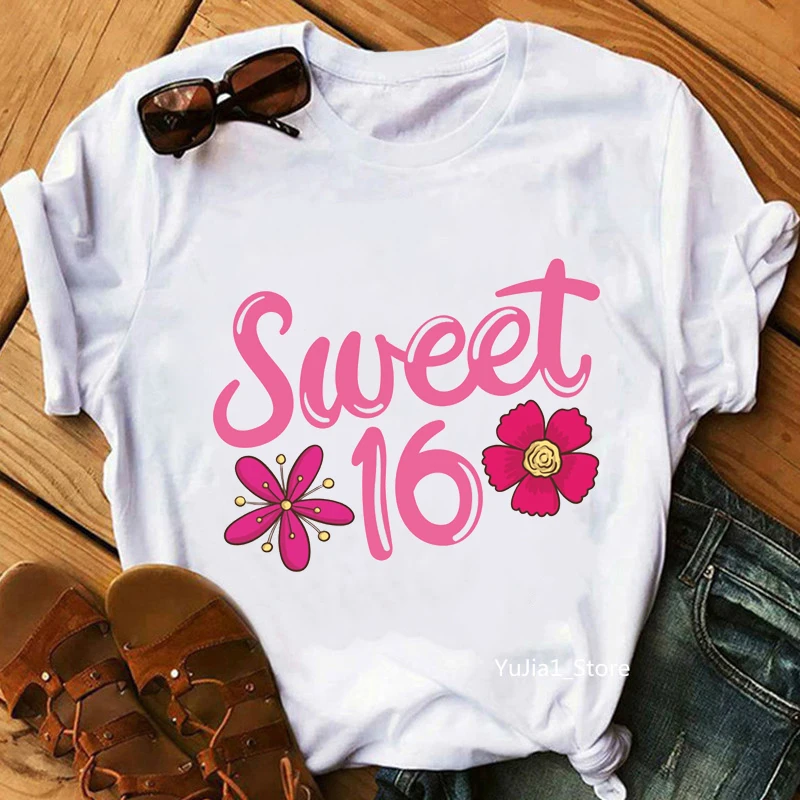 

16th/18th Birthday Gift Star Crown Graphic Print Tshirt Tops For Girls Harajuku Kawaii Clothes T Shirt Women Sweet 16th T-Shirt