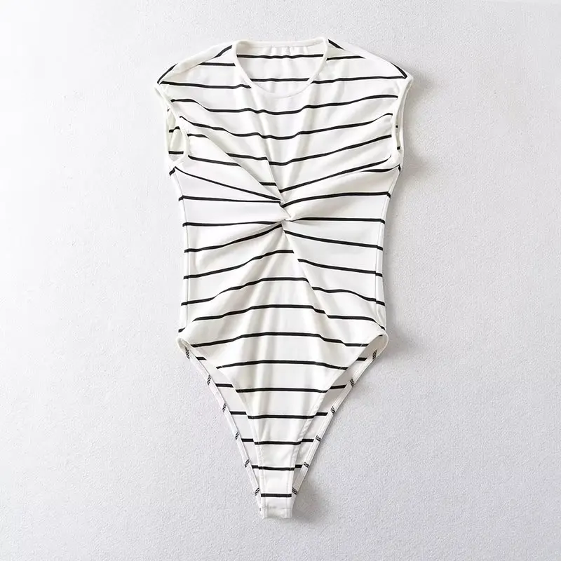 

Women 2023 New Chic Fashion Summer Round Collar Stripe Knot Adorn Jumpsuit Vintage Sleeveless Female Playsuits Mujer