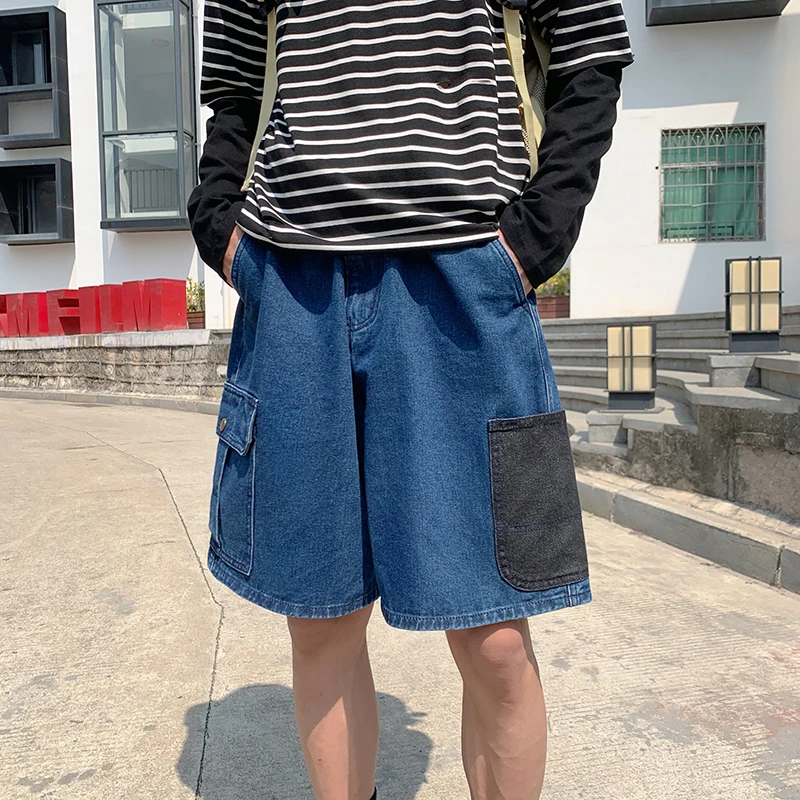 

Mens Patchwork Color Denim Shorts 2022 Streetwear Bermuda Male Multi-Pockets Casual Half Jean Summer Fashion Cargo Shorts Men