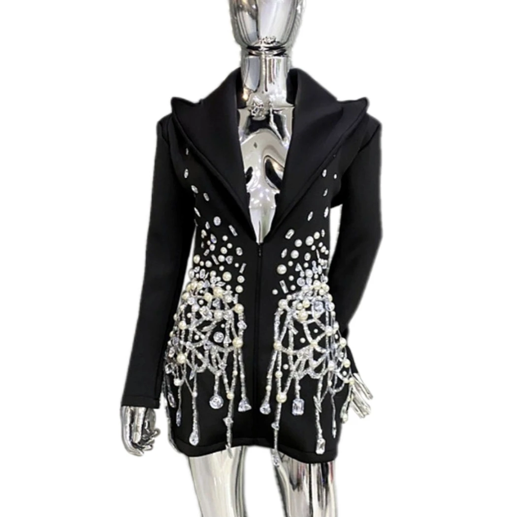 В наличии бусины Кисточки черный модный костюм воротник облегающее платье для