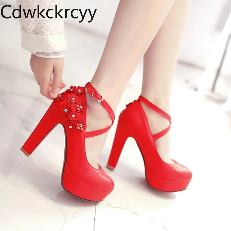 

Spring and Autumn New style fashion Round head high-heeled Women's Shoes Sweet flower princess Thick heel Women Shoes high 12cm
