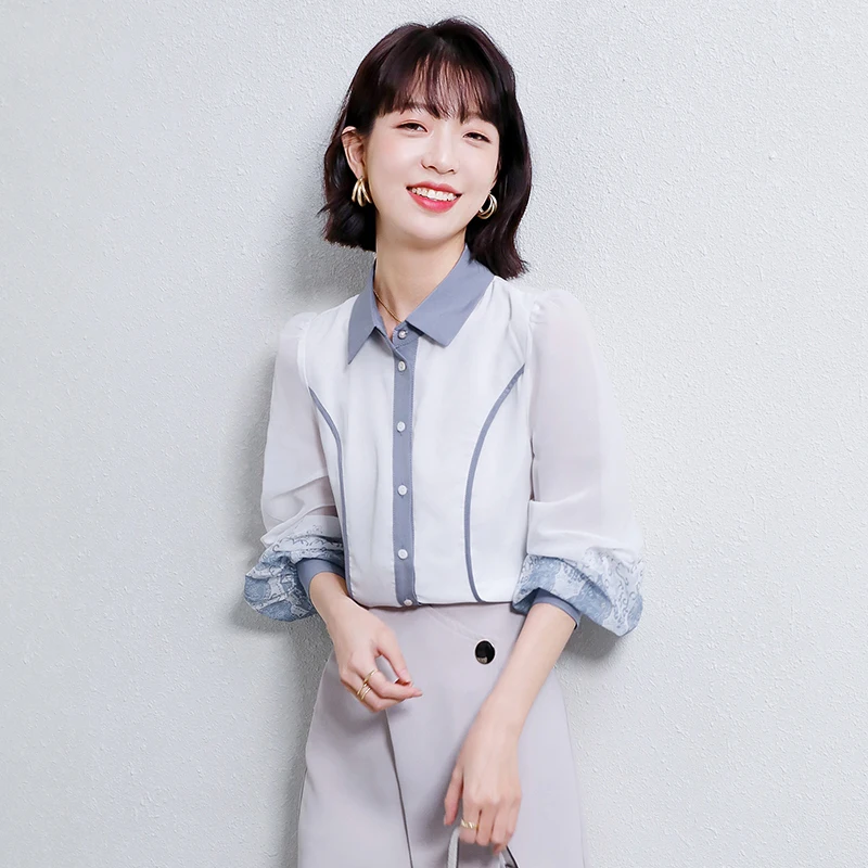 

Шифоновая женская блузка, комбинированная рубашка для девочек, повседневный летний модный топ с длинным рукавом, одежда, Весенняя полная же...