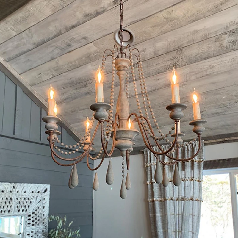 Винтажная Деревянная люстра деревенские лампы с бусинами комнатное освещение