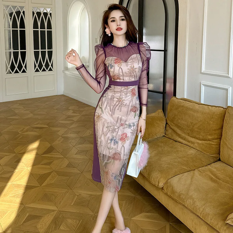 Длинное платье-футляр с принтом весеннее новое французское сетчатое платье из